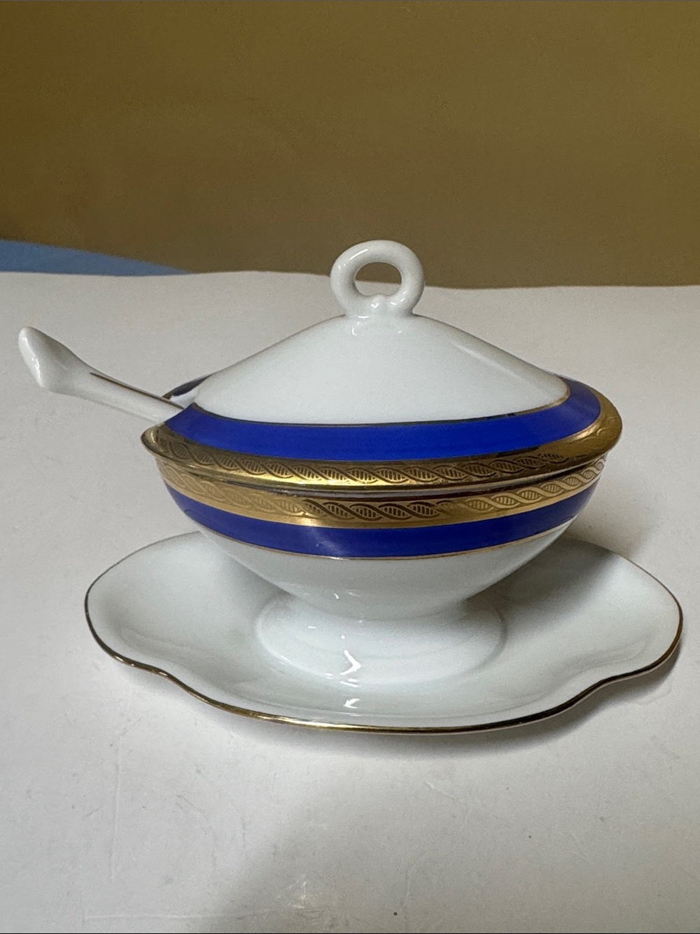 Richard Ginori White Porcelain Mustard Palermo Cobalt and Gold Bands wit spoon